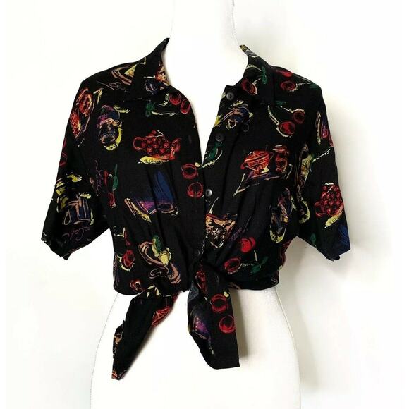 vintage JR Bentley Button Down print Shirt Ladies Top Black Sz L - Picture 9 of 10